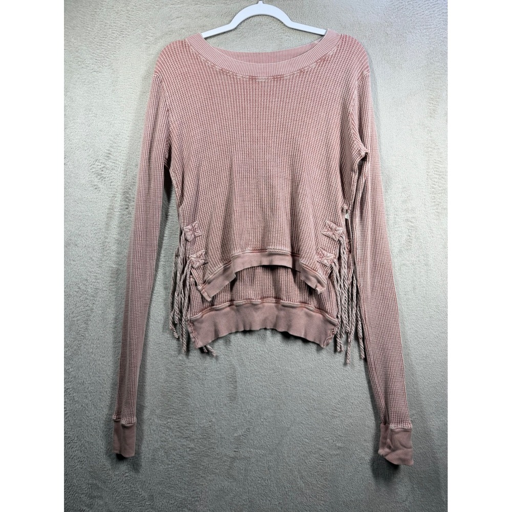 Free People Interlakin Thermal Top Womens M Pink Boho Waffle Knit Fringe Grunge